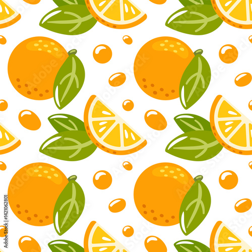seamless vector pattern features vibrant oranges, bright background. The playful design showcases whole oranges and slices, making it perfect for packaging, textiles, and summer-themed projects.