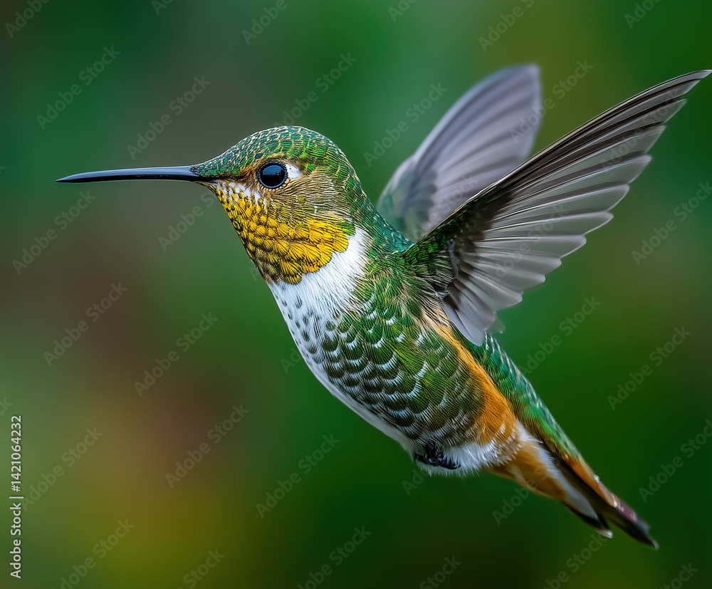 Fototapeta premium A hummingbird in motion with wings blurred slightly