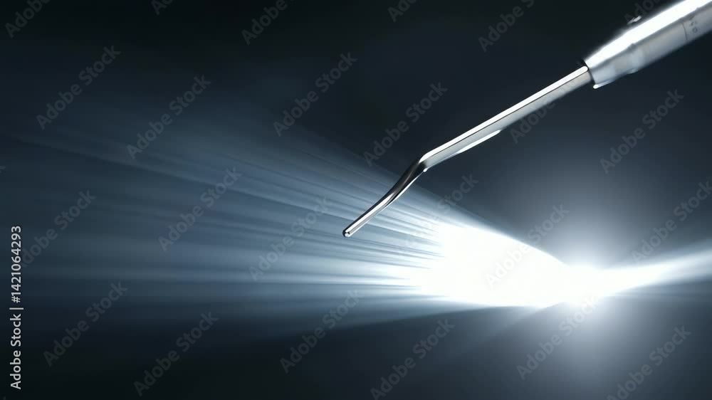 Extreme close-up of dental probe tip illuminated by bright light beam against dark background, emphasizing precision and detail for examination Extreme close-up of dental probe tip illuminated by bright light beam against dark background, emphasizing precision and detail for examination