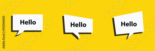 Hello welcome tag. Chat speech bubbles set. Hi invitation offer. Formal greetings message. Hello talk speech message. Talk box infographics. Vector .