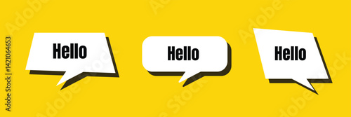 Hello welcome tag. Chat speech bubbles set. Hi invitation offer. Formal greetings message. Hello talk speech message. Talk box infographics. Vector .