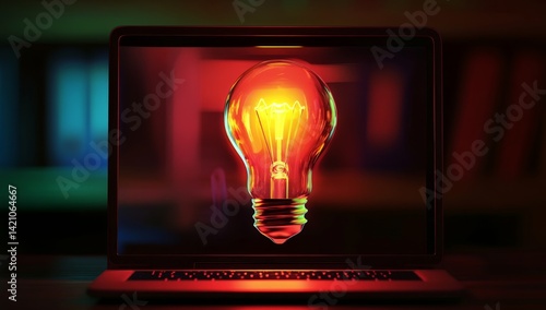 Laptop screen displaying glowing incandescent light bulb in vibrant red hues, suggestive of innovative ideas and brainstorming