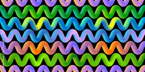 Pattern seamless at vertical with abstract wavy colorful gradient shapes. Vibrant graphic banner background, volumetric wavy lines in rainbow colors. Trendy, modern style. Vector illustration