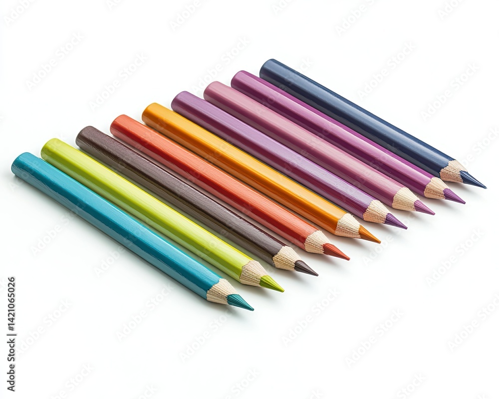 A vibrant array of colored pencils arranged in a diagonal line on a clean, white background, showcasing their vivid hues and sharpened tips, ideal for artistic projects or educational use A vibrant array of colored pencils arranged in a diagonal line on a clean, white background, showcasing their vivid hues and sharpened tips, ideal for artistic projects or educational use