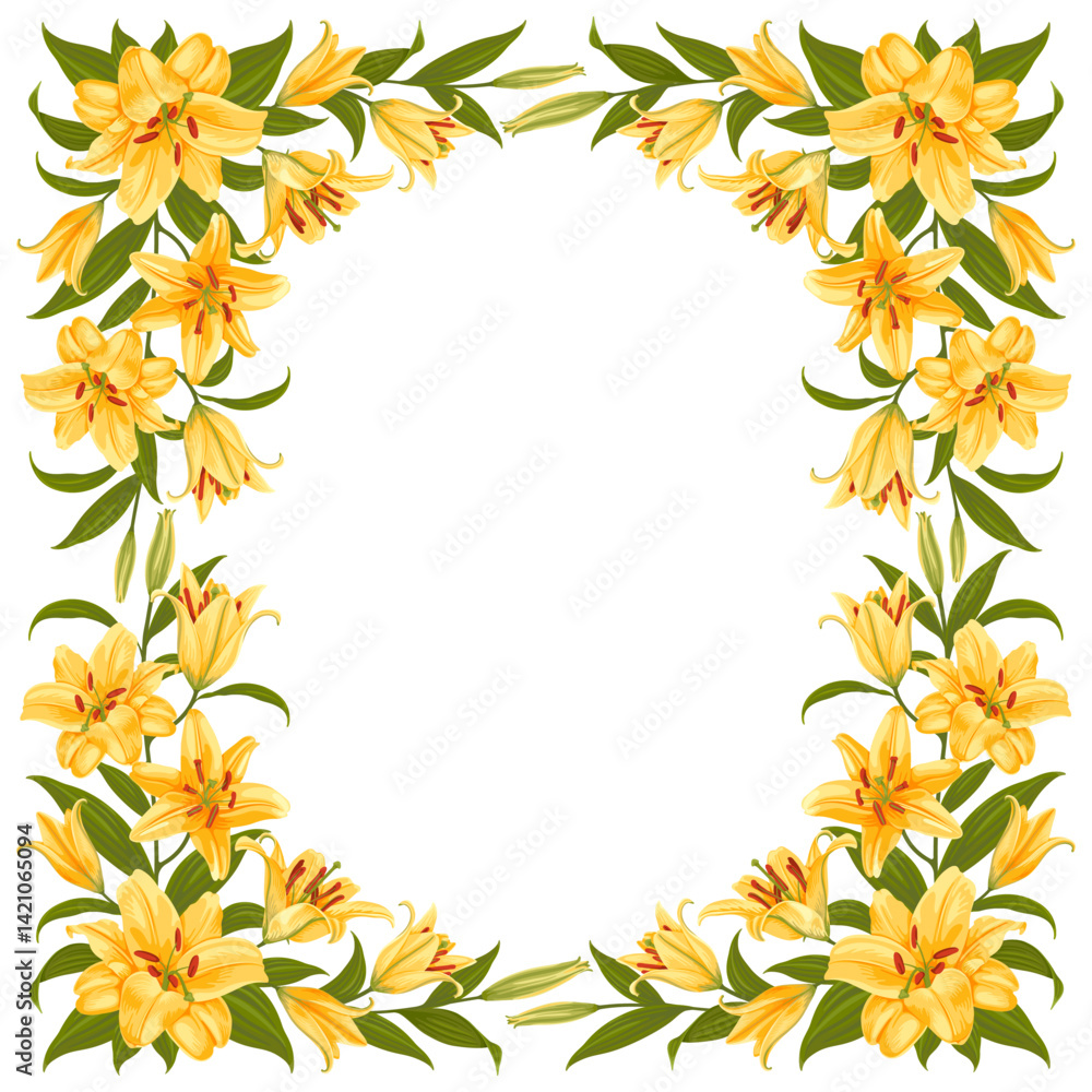 Floral frame with pattern of yellow tiger lily flowers and copy space. Lilies vignette. Border with daylily, flowers, leaves, buds isolated on white background. Vector illustration Floral frame with pattern of yellow tiger lily flowers and copy space. Lilies vignette. Border with daylily, flowers, leaves, buds isolated on white background. Vector illustration