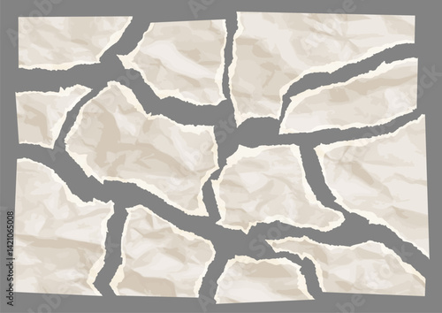Sheet of paper torn into small crumpled pieces with ripped edges, wrinkled page scraps. Torn document assembled from pieces. Concept of investigation or restoration. Vector illustration