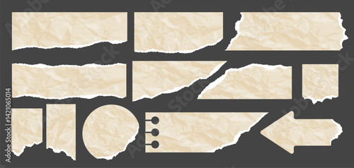 Torn paper pieces with ripped edges, wrinkled page scraps. Notebook shreds. Realistic set of torn crumpled paper strips with with uneven texture edges for memo notes, collage etc. Vector illustration