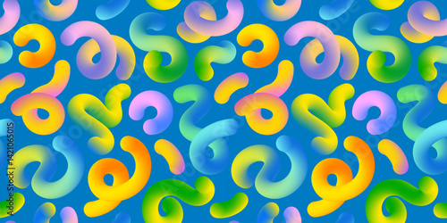 Seamless Pattern with abstract squiggly colorful gradient shapes. Vibrant graphic endless blue banner background, volumetric wavy lines in rainbow colors. Trendy, modern style. Vector illustration