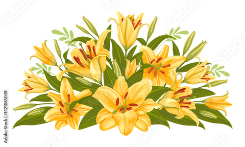Floral decorative design element, vignette with yellow tiger lily flowers. Decor, floral composition with daylily, flowers, leaves and buds isolated on a white background. Vector illustration