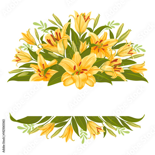 Greeting card, label. Floral decorative vignette with yellow tiger lily flowers and copy space. Decor, composition with daylily, leaves and buds isolated on white background. Vector illustration