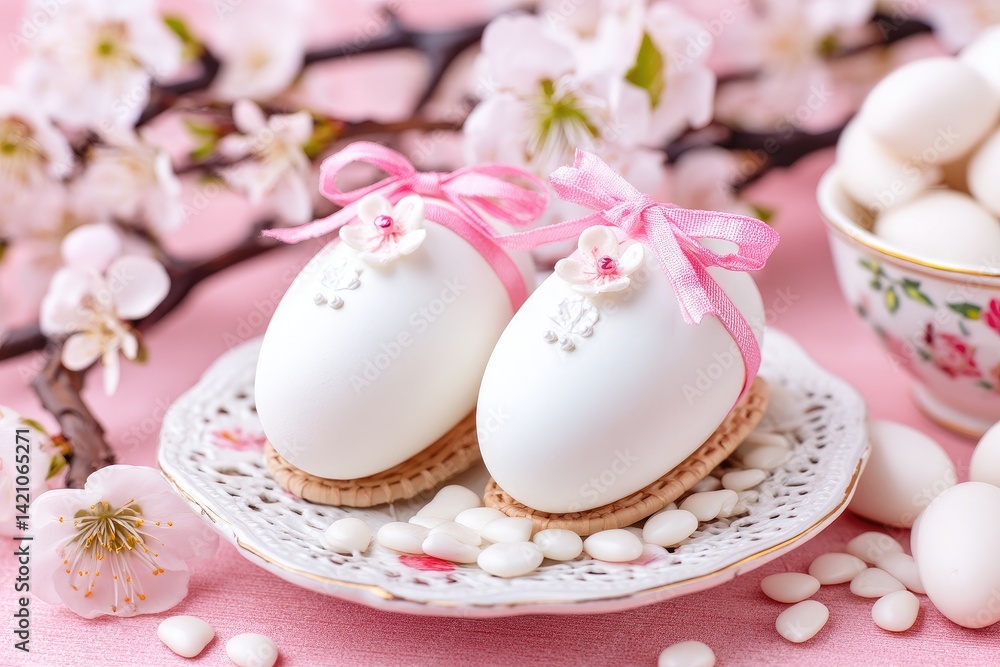 Delicate white Easter eggs with pink accents Delicate white Easter eggs with pink accents