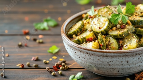 Cucumber Salad Delight: A close-up view of a delicious cucumber salad, showcasing fresh cucumber slices in a ceramic bowl with the wooden table as background.