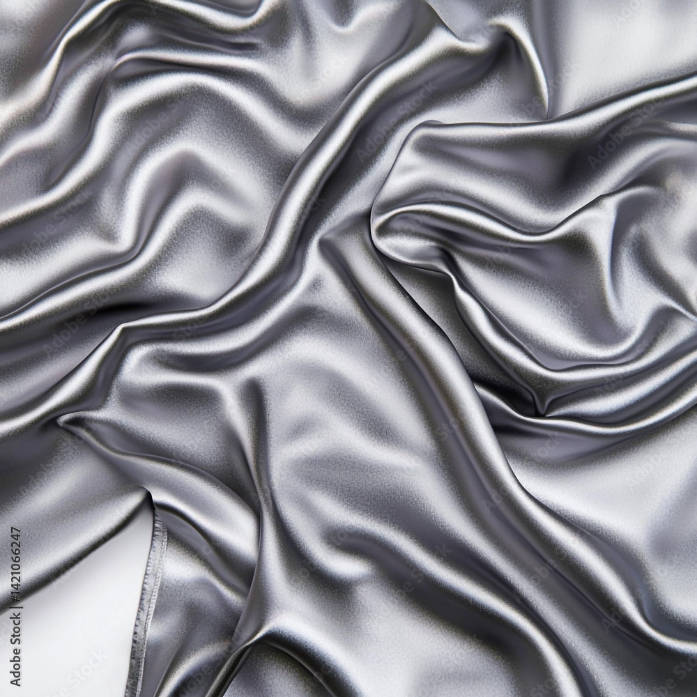 Fototapeta premium Shiny silver silk fabric with soft creases, isolated on white background, cloth