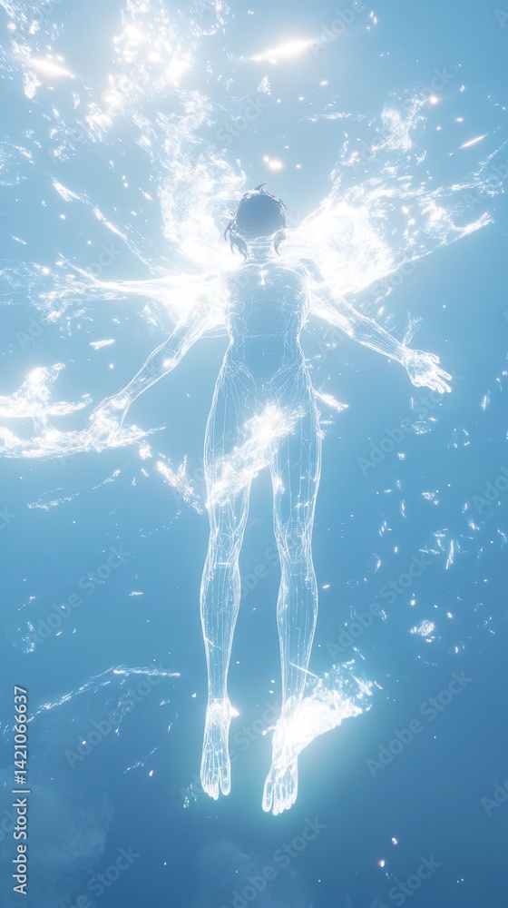 A glowing, ethereal figure with outstretched arms surrounded by light particles A glowing, ethereal figure with outstretched arms surrounded by light particles