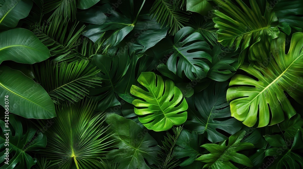 Lush tropical foliage fills a vibrant botanical backdrop. Lush tropical foliage fills a vibrant botanical backdrop.