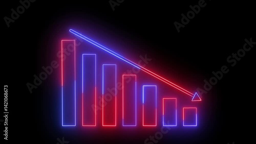 Neon glowing colorful business Arrow trend-down icon animation on a white background. Financial trend chart arrow.
