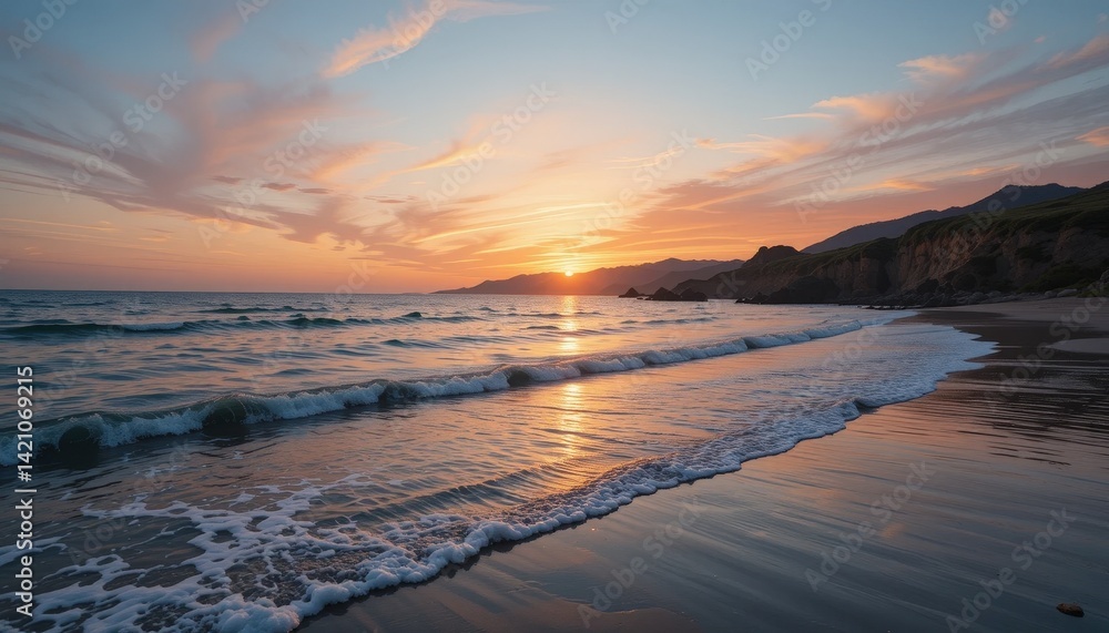 A serene beach scene at sunset, with gentle waves lapping at the shore. The sky is painted in vibrant hues of orange, pink, and purple, reflecting on the water's surface. A serene beach scene at sunset, with gentle waves lapping at the shore. The sky is painted in vibrant hues of orange, pink, and purple, reflecting on the water's surface.