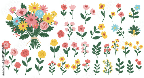 A vibrant collection of handdrawn flowers including a bouquet and individual blossoms