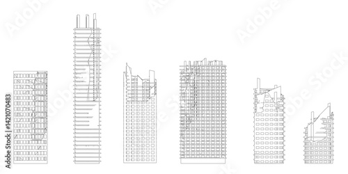 The image is a series of buildings ruined in a city. The buildings are all different sizes and shapes, with some being taller than others. The buildings are arranged in a row