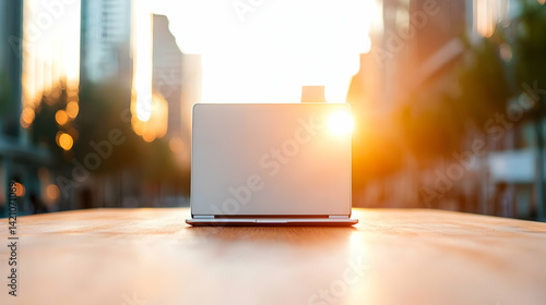 Wallpaper Mural White Laptop on Wooden Desk at Sunset with City Skyline Background Torontodigital.ca