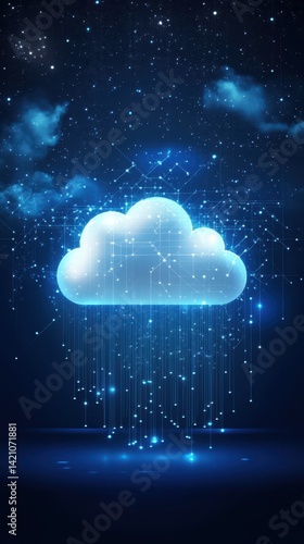 A glowing white cloud connects to a digital network against a night sky full of stars, representing cloud technology and virtual data transfer online today.