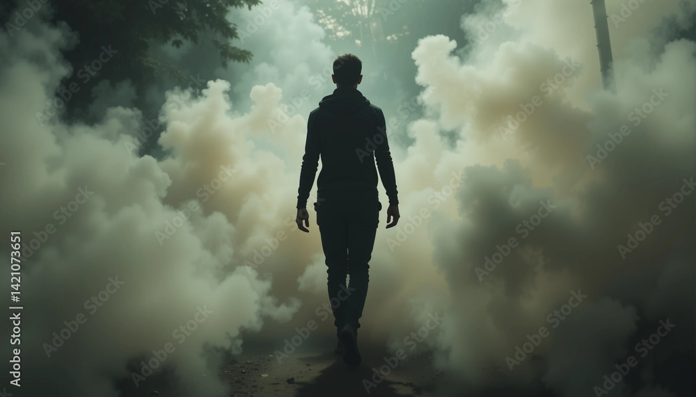 Silhouette of Determination: A solitary figure strides confidently through a thick cloud of smoke. Their silhouette cut against the muted backdrop exudes determination and resilience. Silhouette of Determination: A solitary figure strides confidently through a thick cloud of smoke. Their silhouette cut against the muted backdrop exudes determination and resilience.