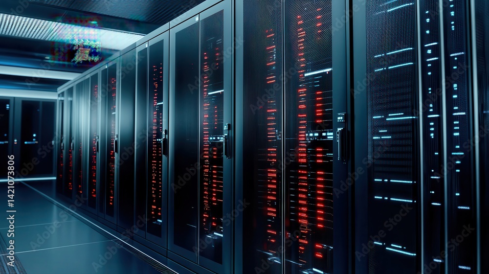 Rows of illuminated servers create a futuristic and powerful data storage system within a high tech dark server room displaying glowing red indicators of activity. Rows of illuminated servers create a futuristic and powerful data storage system within a high tech dark server room displaying glowing red indicators of activity.