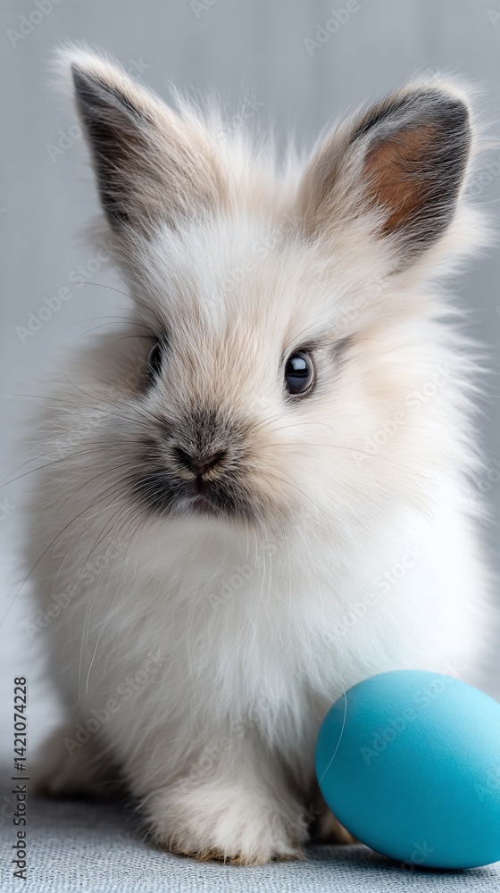Obraz premium Fluffy baby bunny with Easter egg (1)