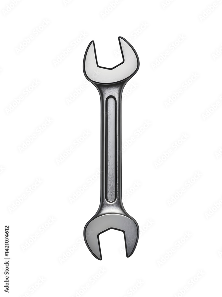 Metallic Wrench Tool: A single silver wrench tool isolated on a white background, capturing the industrial and mechanical essence of a vital tool for fixing and creating. Metallic Wrench Tool: A single silver wrench tool isolated on a white background, capturing the industrial and mechanical essence of a vital tool for fixing and creating.