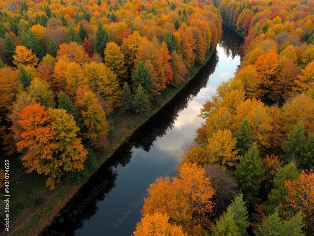 Drone shoots from above a bright autumn forest.