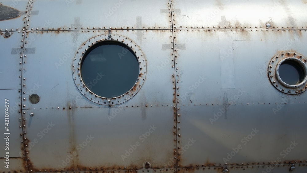 Old metal silver surface of the aircraft fuselage with rivets.