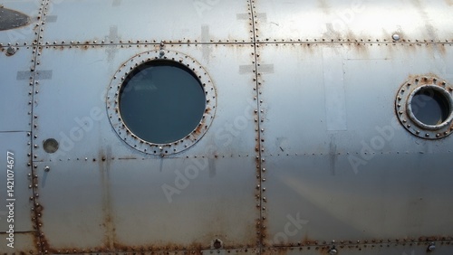 Old metal silver surface of the aircraft fuselage with rivets.