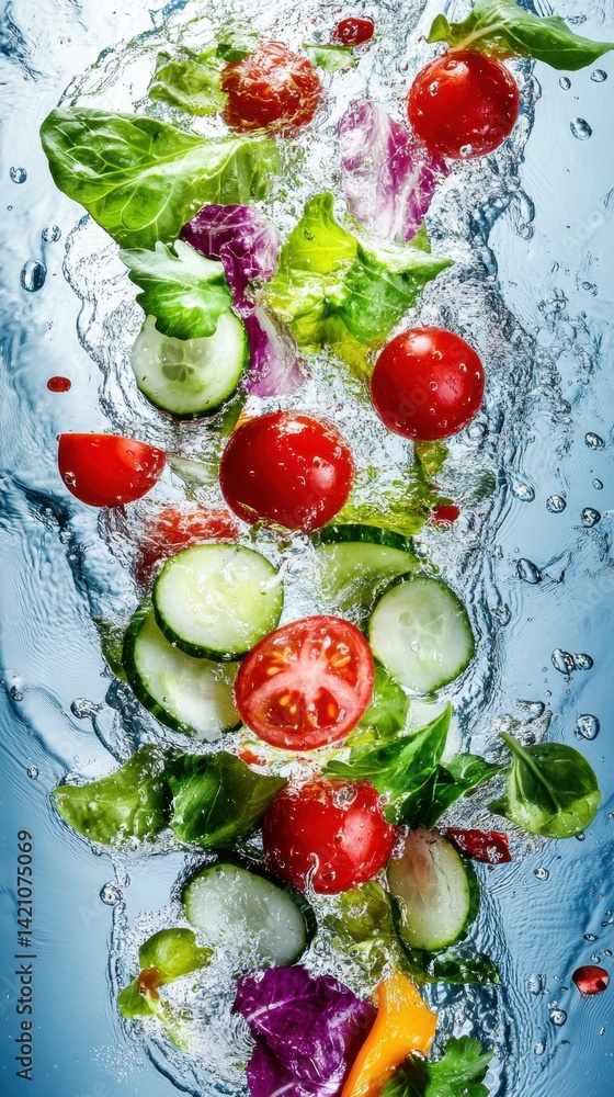 Fresh vegetables including tomatoes, cucumbers, and lettuce splashing into water Fresh vegetables including tomatoes, cucumbers, and lettuce splashing into water