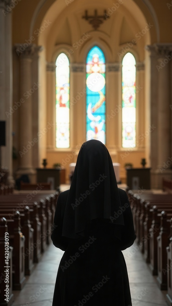 View from the back to the nun in the church, close-up.