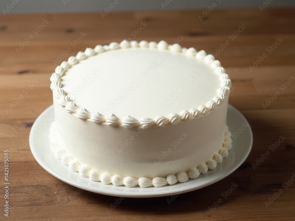 Large white cake with a blank top on a wooden table.