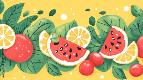 Fresh fruits and green leaves create a summery still life