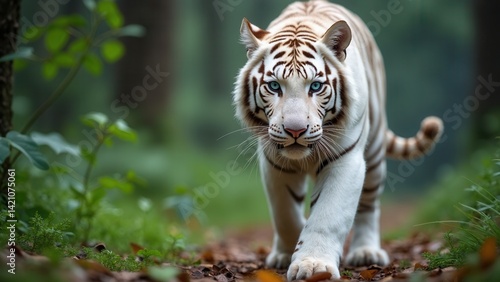 Beautiful white tiger albino with blue eyes walking through the forest.