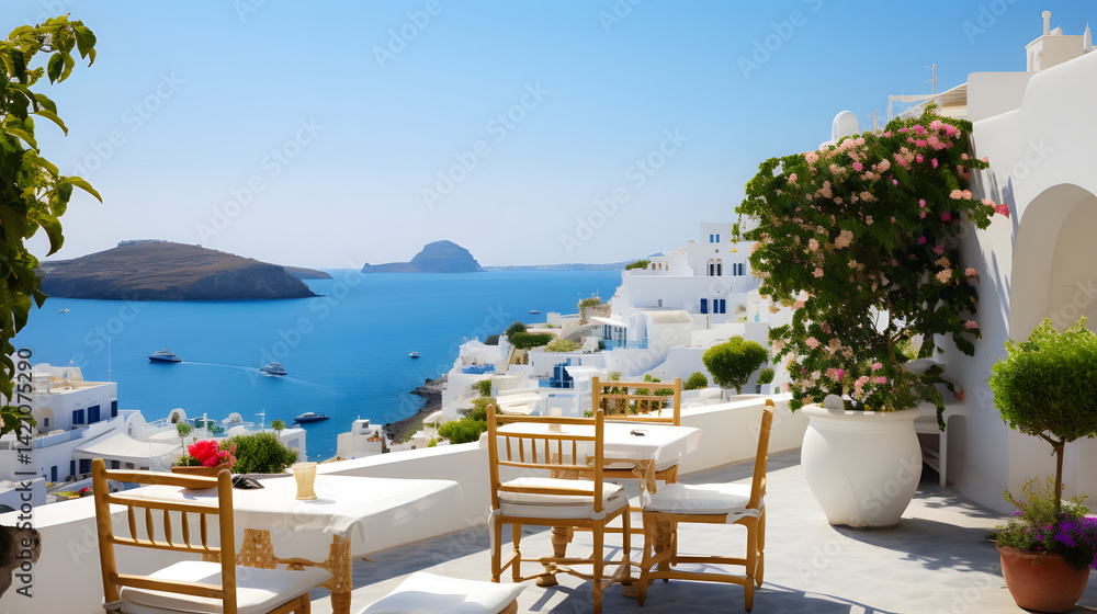 Fototapeta premium Santorini Terrace View with Bougainvillea and Aegean Sea Horizon