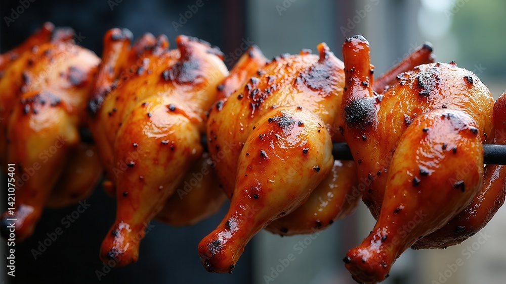 Grilled chickens on a spit, background.