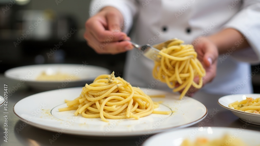 The cook prepares pasta in a restaurant.