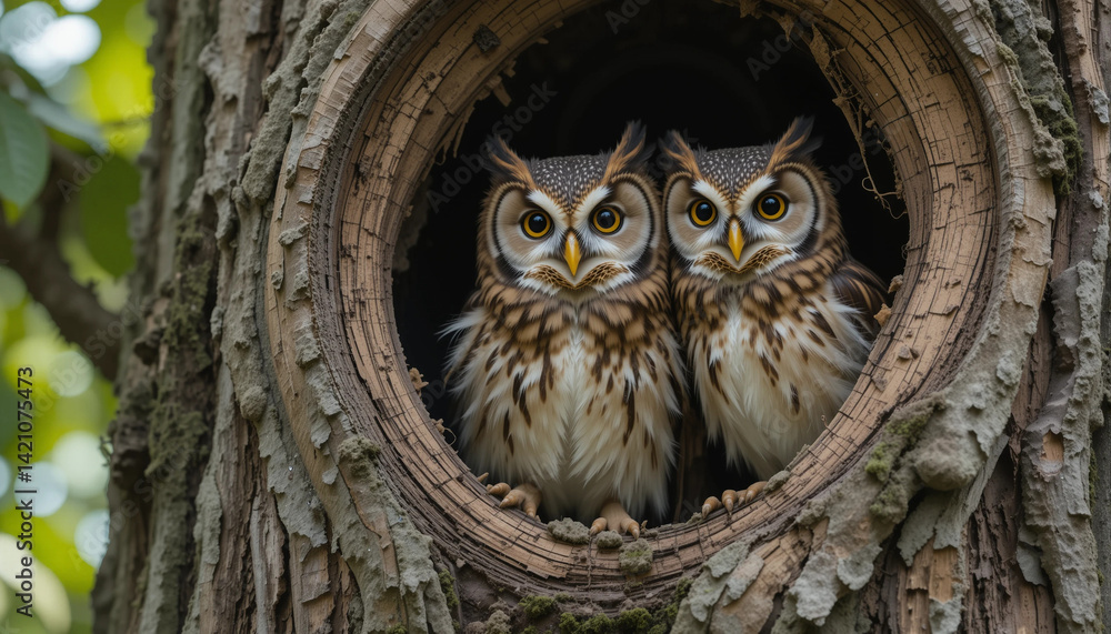 Owl's Nest: A captivating image capturing two majestic owls peering from their nest within a sturdy tree trunk, showcasing their focused gaze and intricate feather patterns. Owl's Nest: A captivating image capturing two majestic owls peering from their nest within a sturdy tree trunk, showcasing their focused gaze and intricate feather patterns.
