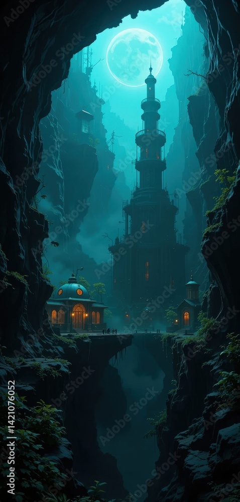 Obraz premium A mysterious cave with a wide, dark entrance leads into a bustling city beyond, where vibrant lights and sounds contrast with the cave's rugged, natural stone walls.