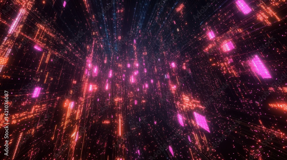 Fototapeta premium Abstract digital background with glowing pink and orange data streams. Use to illustrate concepts like data processing, AI, or technology of future.