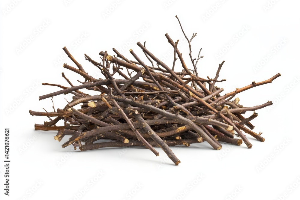 Pile of dry twigs and small branches. A collection of assorted, bundled, brown wood pieces, perfect for kindling Pile of dry twigs and small branches. A collection of assorted, bundled, brown wood pieces, perfect for kindling