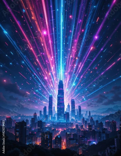 A vibrant city skyline at night, adorned with a kaleidoscope of colorful lights illuminating modern skyscrapers, historic buildings, and bustling streets filled with life.