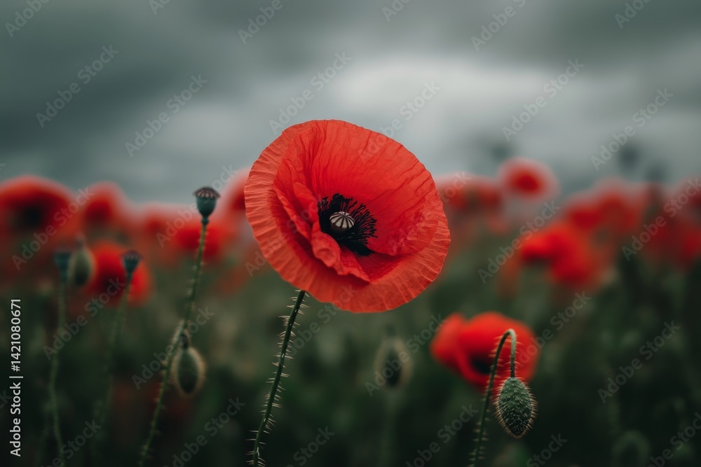 Obraz premium Vibrant red poppy in a field of poppies under a somber sky