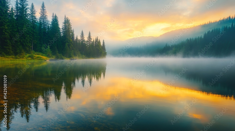 Fototapeta premium Misty morning landscape of lacu rosu lake with dense fog and calm water at sunrise in harghita county, romania, serene summer nature scene in eastern europe 