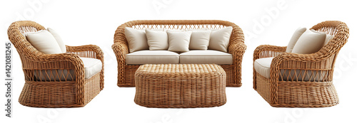 stylish rattan outdoor sofa set featuring three seater sofa, two armchairs, and coffee table. set is crafted from natural rattan with plush white cushions, perfect for cozy patio setting