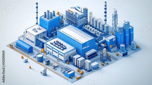 Industrial complex isometric view.  Modern factory buildings, tanks, and equipment in a simplified, 3D style