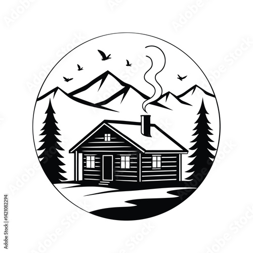 House in the forest silhouette landscape vector art and illustration on a white background